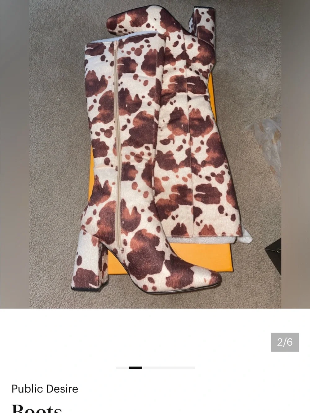 Public Desire Brown and Cream Cow Print Over-The-Knee Block Heel Boots